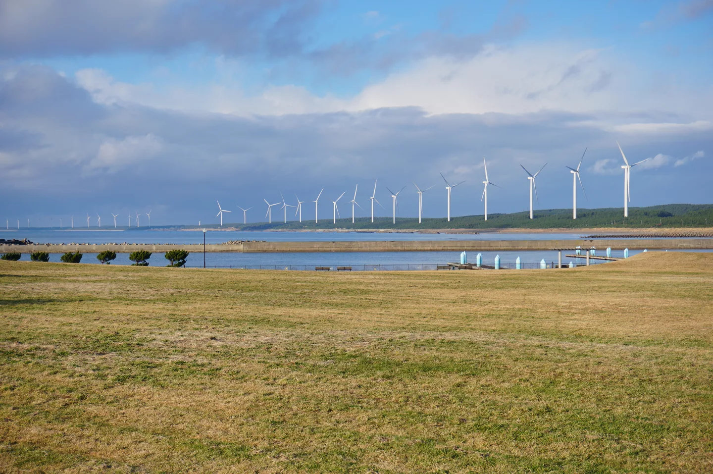 Wind turbines lined up along the coast of Katagami City 20211211.jpg